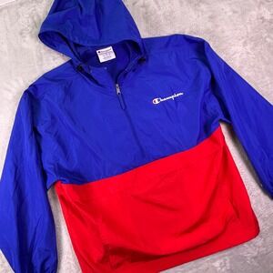 Champion Men's Hooded Windbreaker Jacket Size XL Blue Red Colorblock Half Zip